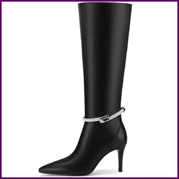 Knee High Stiletto Boots 3.2 Heel Pointed Toe Rhinestone Zipper Dress